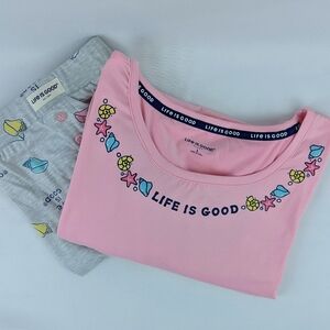 Life Is Good Seashells Starfish PJ Set Short Sleeve Top Shorts Pink Grey L NWT